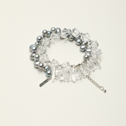 Gray pearl and clear quartz bracelet with adjustable extender