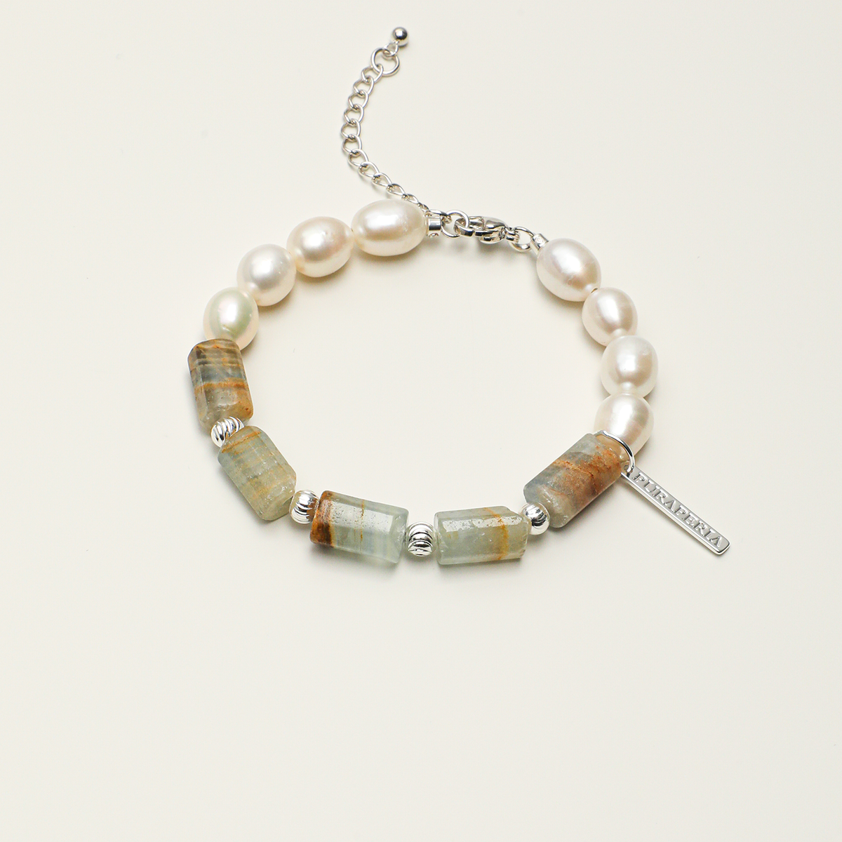 Freshwater pearl and Blue Lishi stone adjustable bracelet, full product view