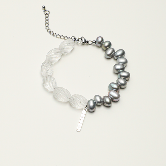 Clear quartz and gray freshwater pearl adjustable engravable bracelet, full product view