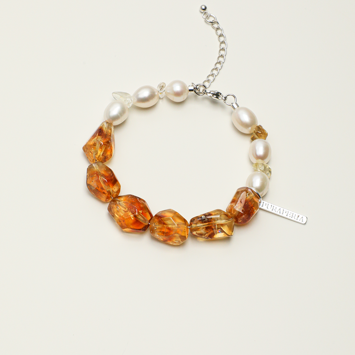 Citrine and freshwater pearl adjustable engravable bracelet, full product view