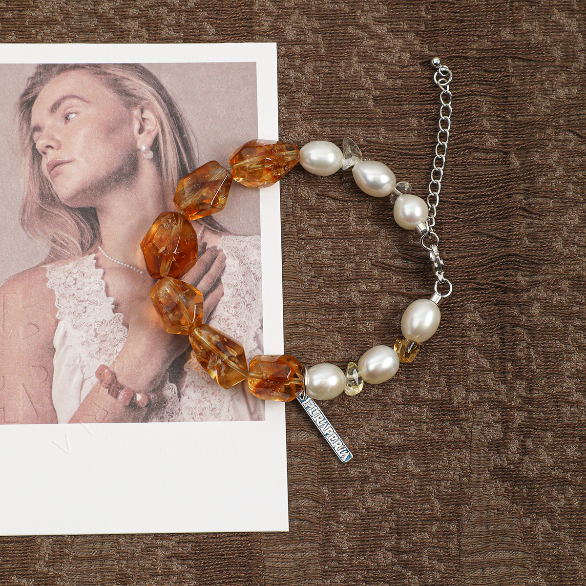 Citrine and freshwater pearl bracelet in a lifestyle setting