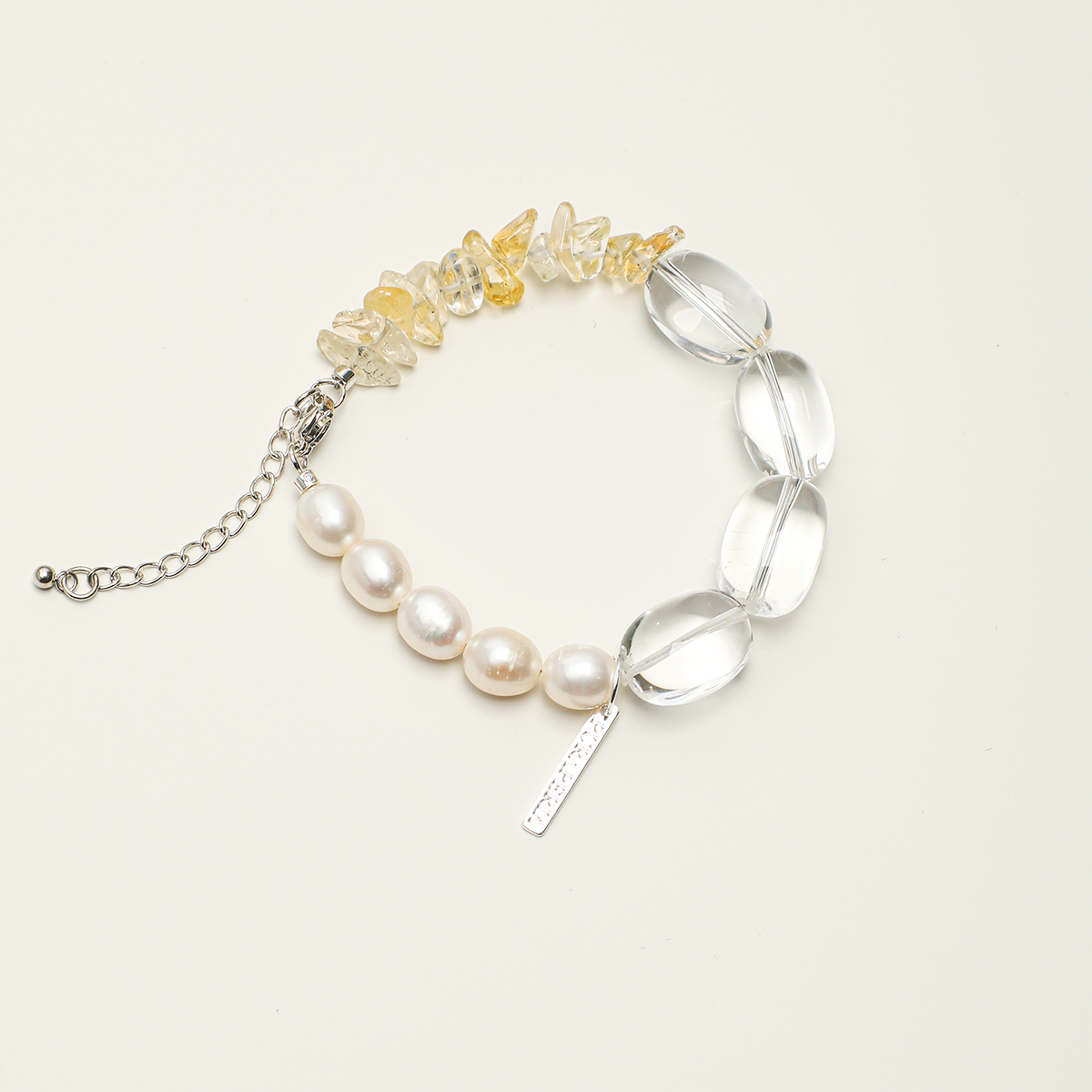 Clear quartz oval, citrine chip and pearl adjustable bracelet