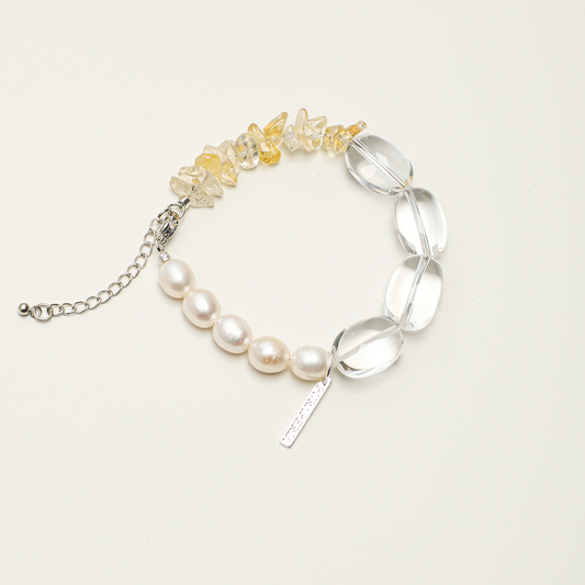 Clear quartz oval, citrine chip and pearl adjustable bracelet