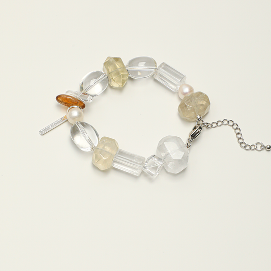 Clear quartz, citrine and pearl bracelet with adjustable chain