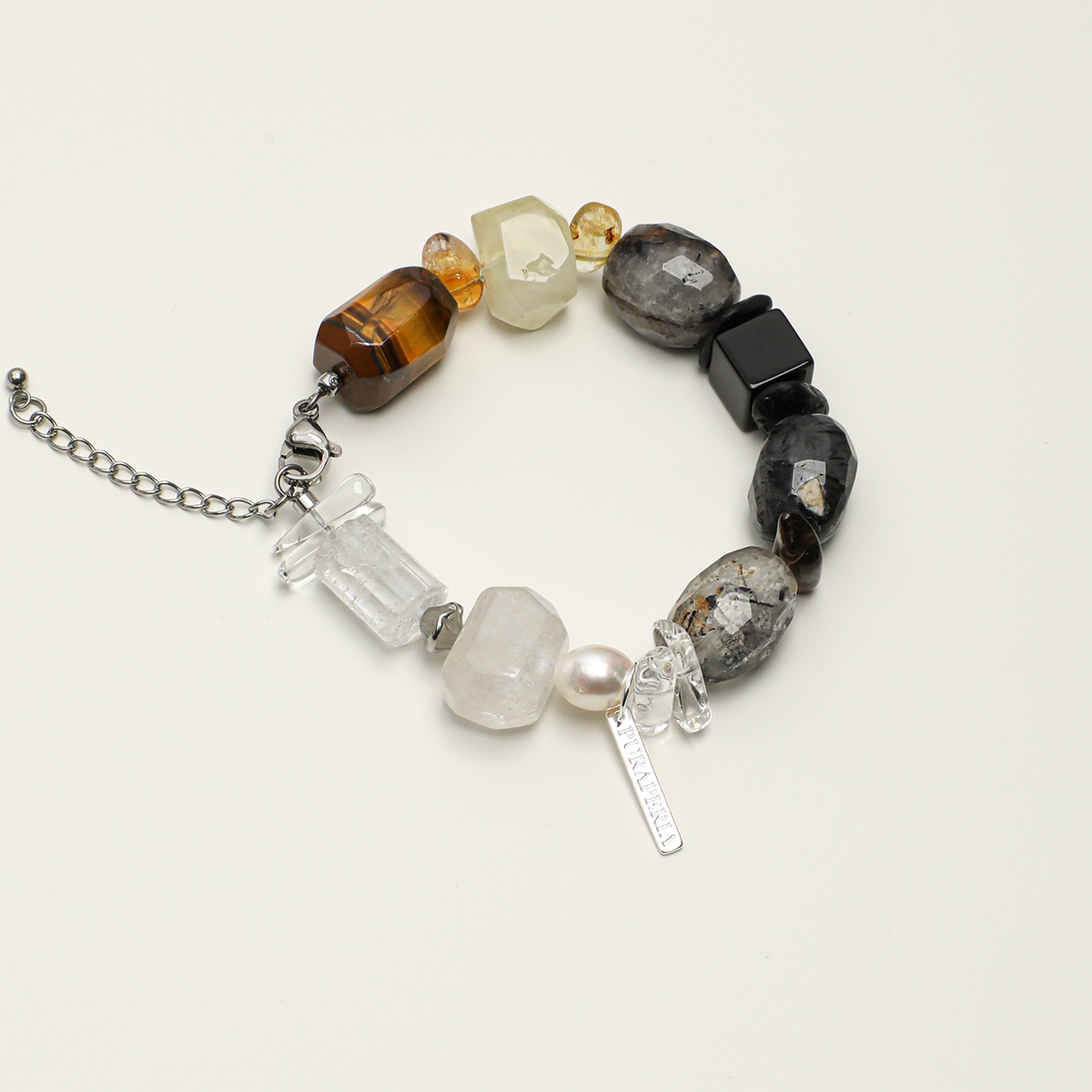 Mixed gemstone and freshwater pearl adjustable engravable bracelet, full product view