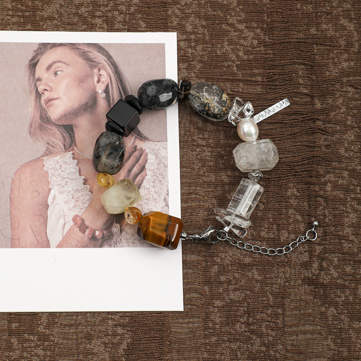 Mixed gemstone and freshwater pearl bracelet in a lifestyle setting