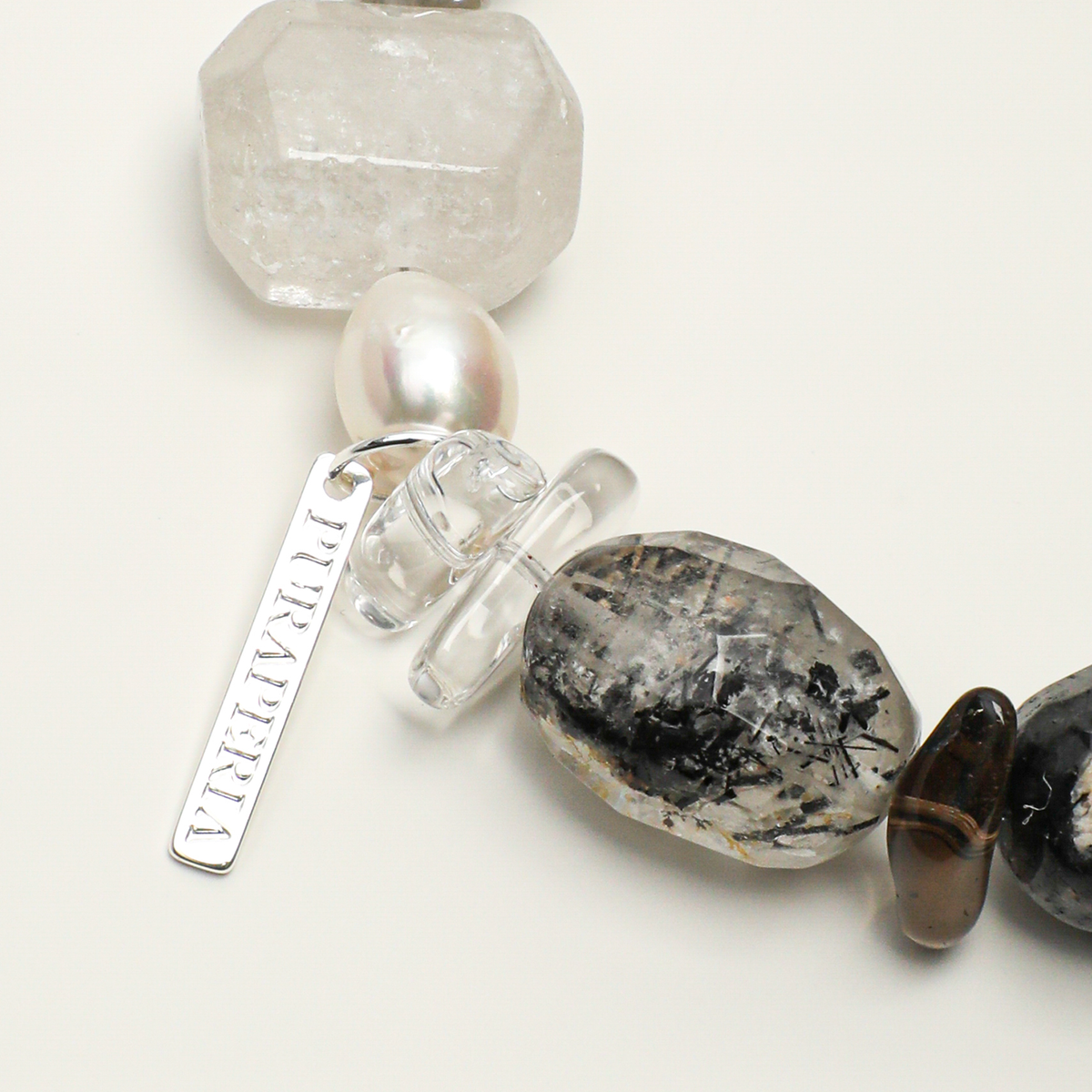 Long engraving tag, freshwater pearl, clear quartz, and black rutilated quartz detail