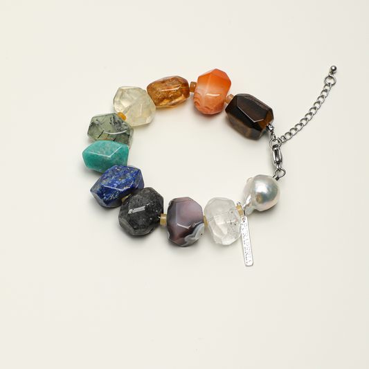 Mixed gemstone and baroque freshwater pearl adjustable engravable bracelet, full product view